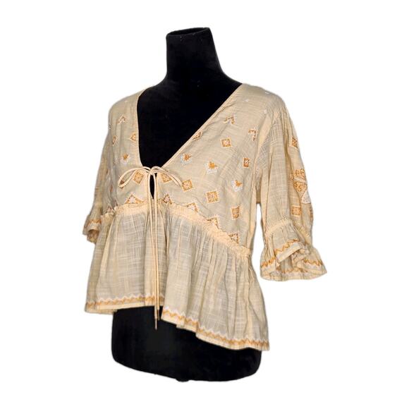 Free People Tallulah Embroidered Blouse Belle of Georgia Puff Sleeves Tie Size M - Picture 3 of 7